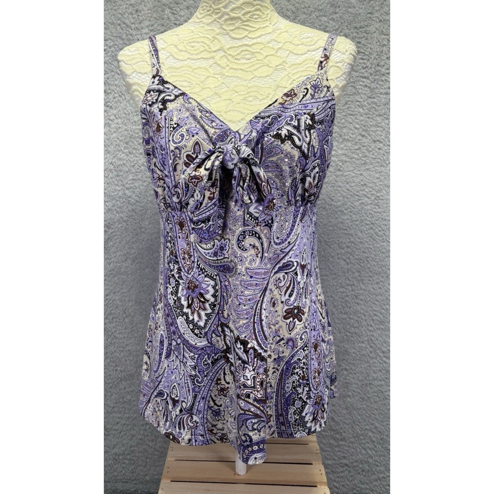 Womens L Babydoll Purple Paisley Sequin Top Tie Front‎ Y2K V Neck Fairy Coquette
